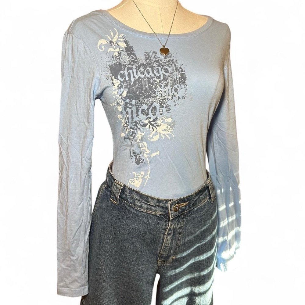 Y2K Grunge Light Blue Chicago Graphic Long Sleeve Tee